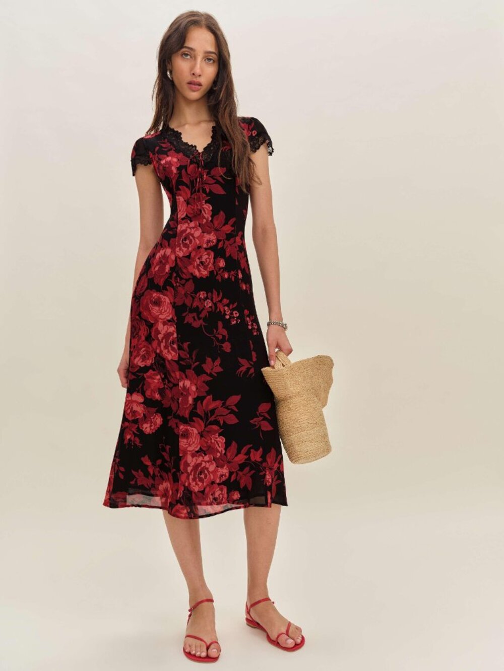 NWOT Reformation Tiffie Dress in Basilica Black Red Midi Size 12